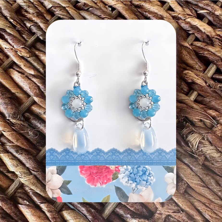 New Handmade Silver-Tone And Blue Floral Dangle Earrings 2 Long X 05 Wide 13$